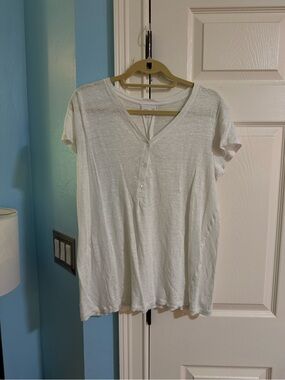 100% Linen White Short Sleeve V-Neck Henley Top - Classic Casual